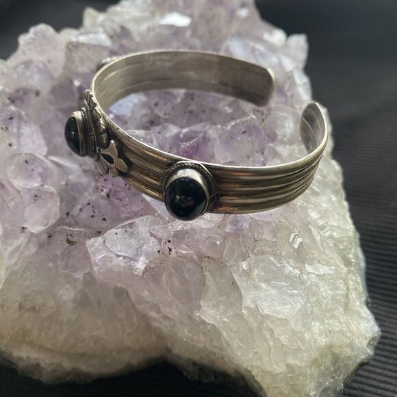 Vintage Sterling Silver Triple Onyx Stone Cuff Bracelet. Trading Post. 925. - Picture 3 of 16